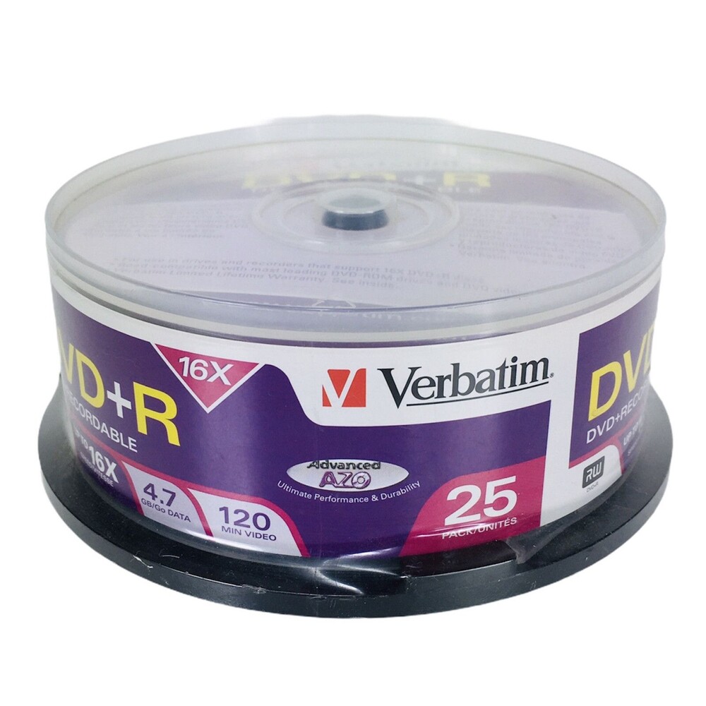25 Count Blank Recordable Verbatim DVD+R DVD 16X 4.7GB 120 Minute Video Sealed